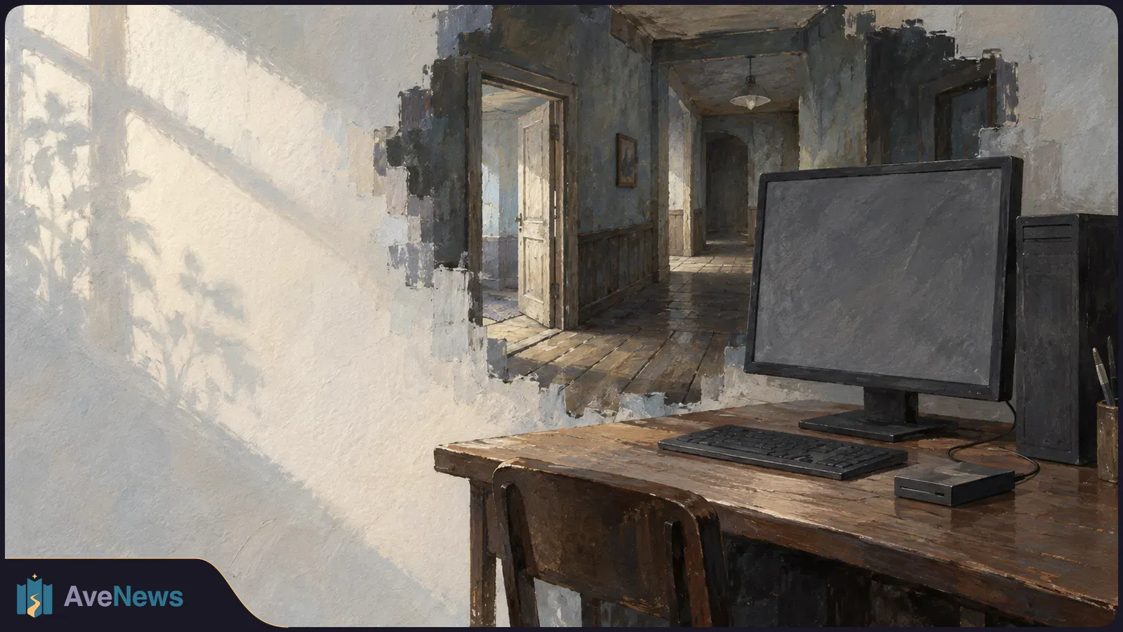 Painted scene of a dark, worn hallway behind a wooden desk with a desktop computer and blank monitor. SI illustration