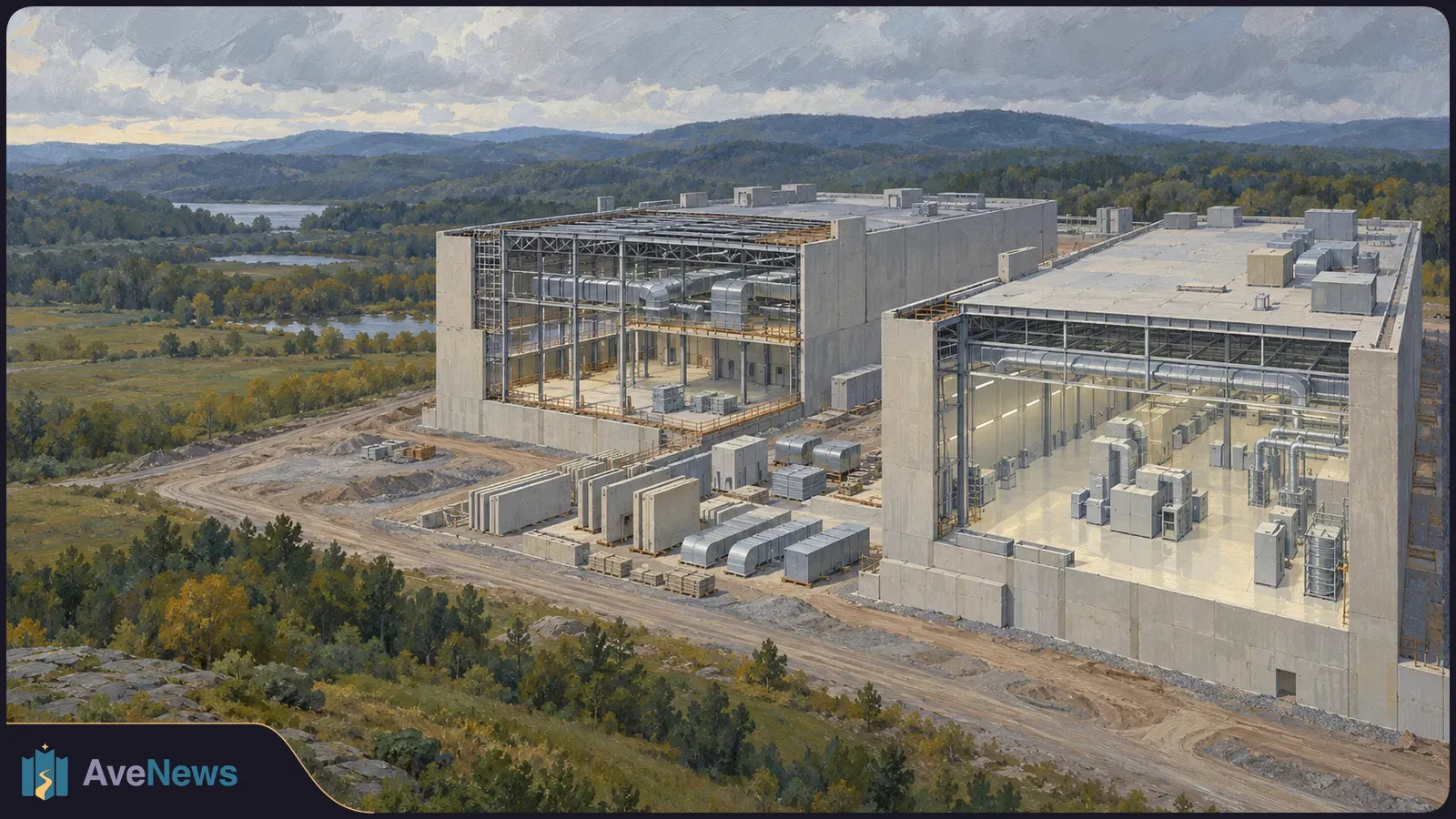Painted aerial view of two large industrial buildings under construction, with exposed interiors and ventilation ducts, beside a dirt road and wooded hills. SI illustration