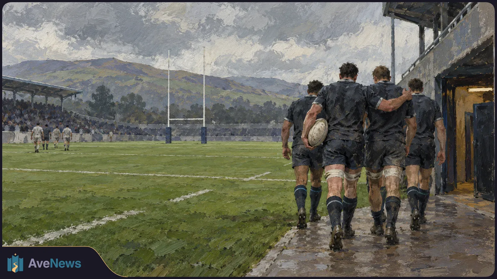 Painterly illustration of rugby players in dark uniforms walking beside a field, one carrying a ball, with goalposts, spectators and hills under a cloudy sky. SI illustration