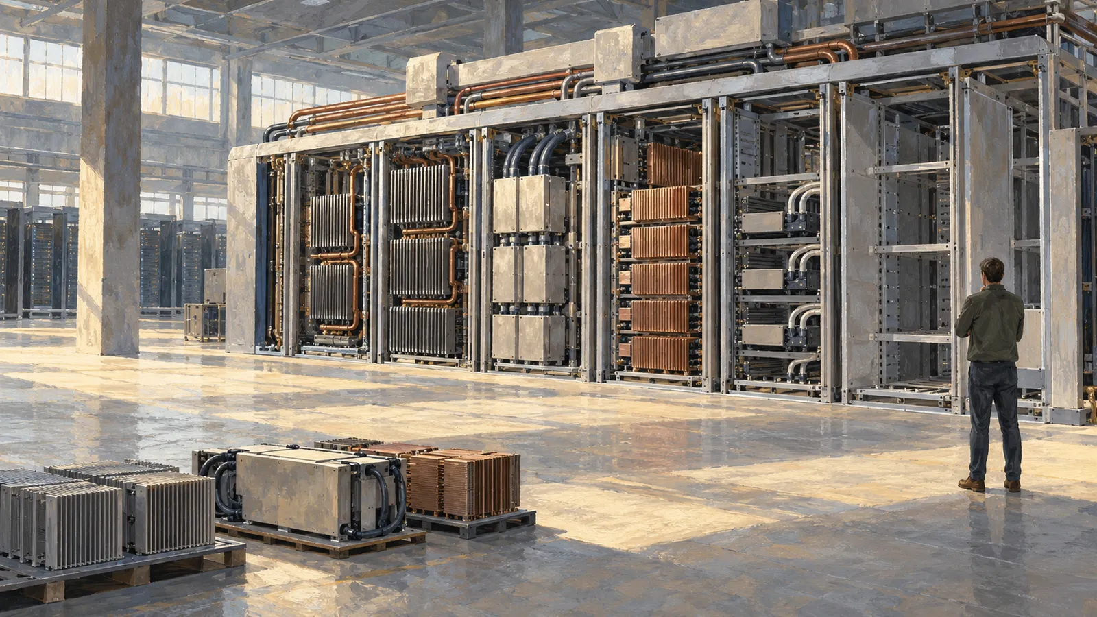 A person stands before a large bank of metal equipment and copper pipes in a sunlit industrial hall, with components on pallets in the foreground. SI illustration