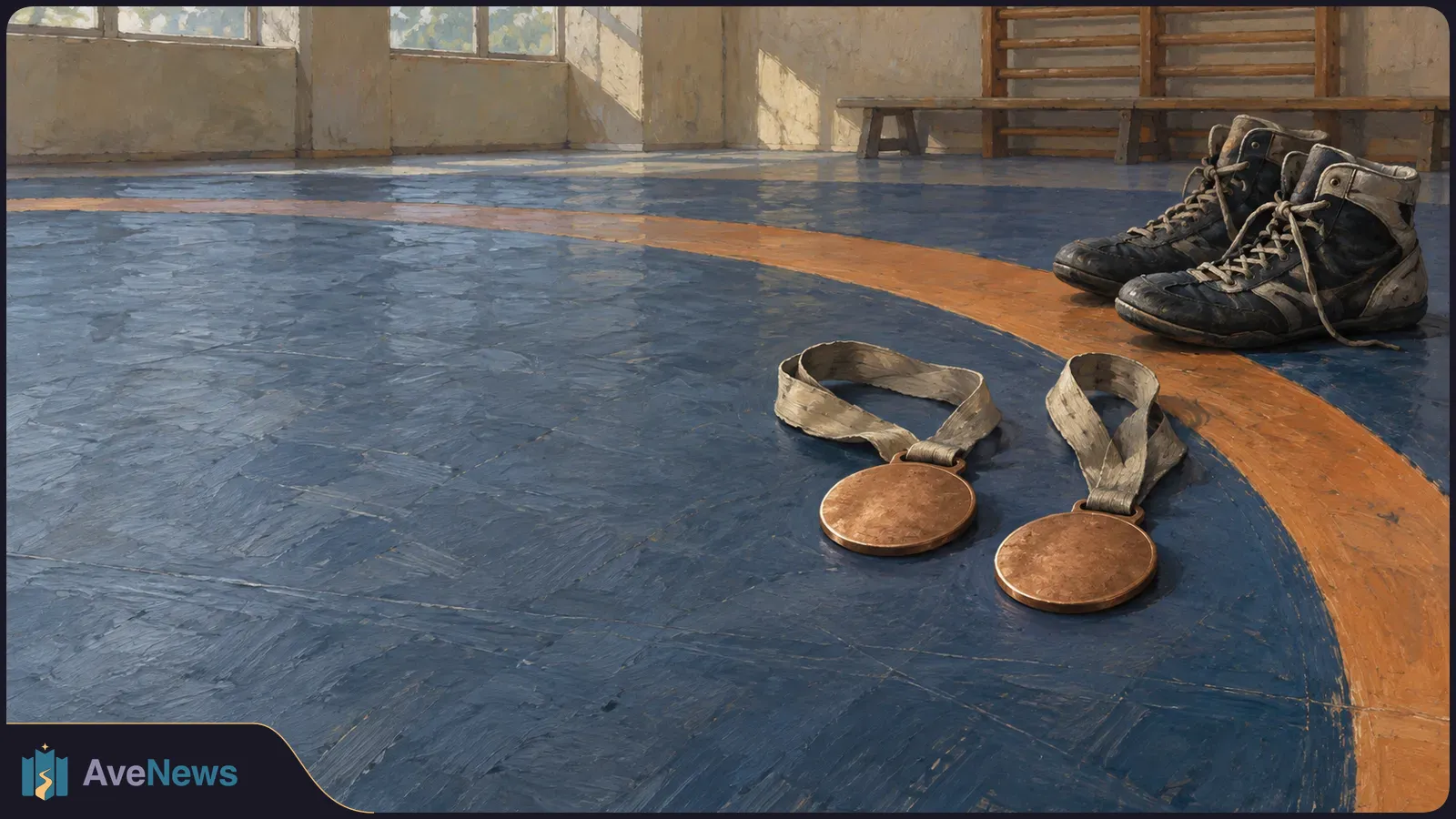 Two bronze-colored medals with pale ribbons lie on a blue wrestling mat beside black wrestling shoes in a sunlit gym. SI illustration