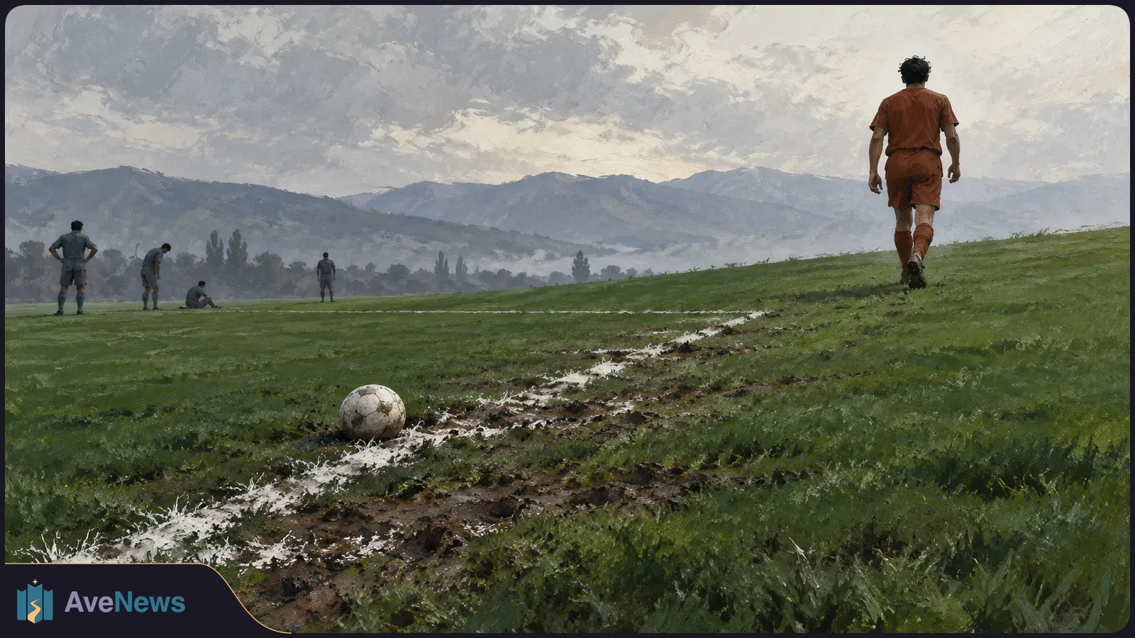 Painterly scene of a muddy soccer field with a ball in the foreground, one player in brown walking uphill and four players in gray farther away beneath cloudy mountains. SI illustration