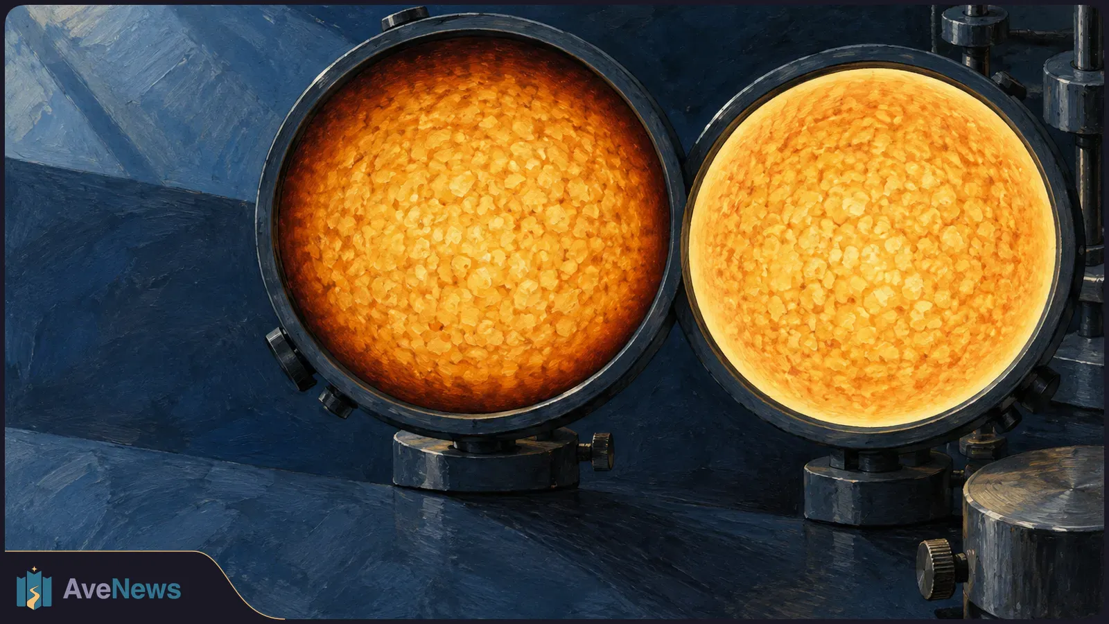 Two glowing orange, star-like disks sit in dark metal frames against a blue-black backdrop. The left disk has a darker rim; the right stays brighter near its edge. SI illustration