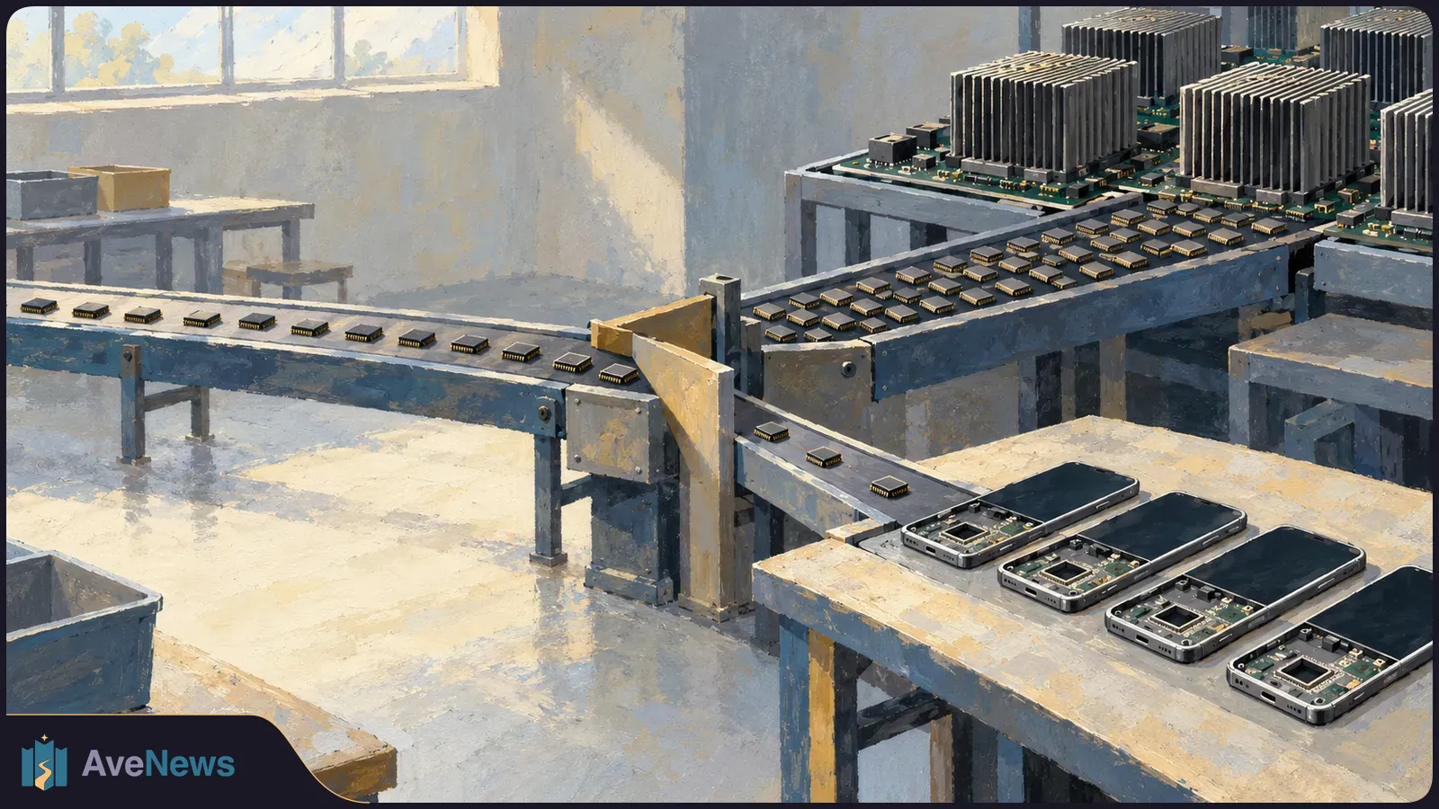 Painted electronics workshop with rows of chips on conveyors beside server boards and four partly open smartphones on a table. SI illustration