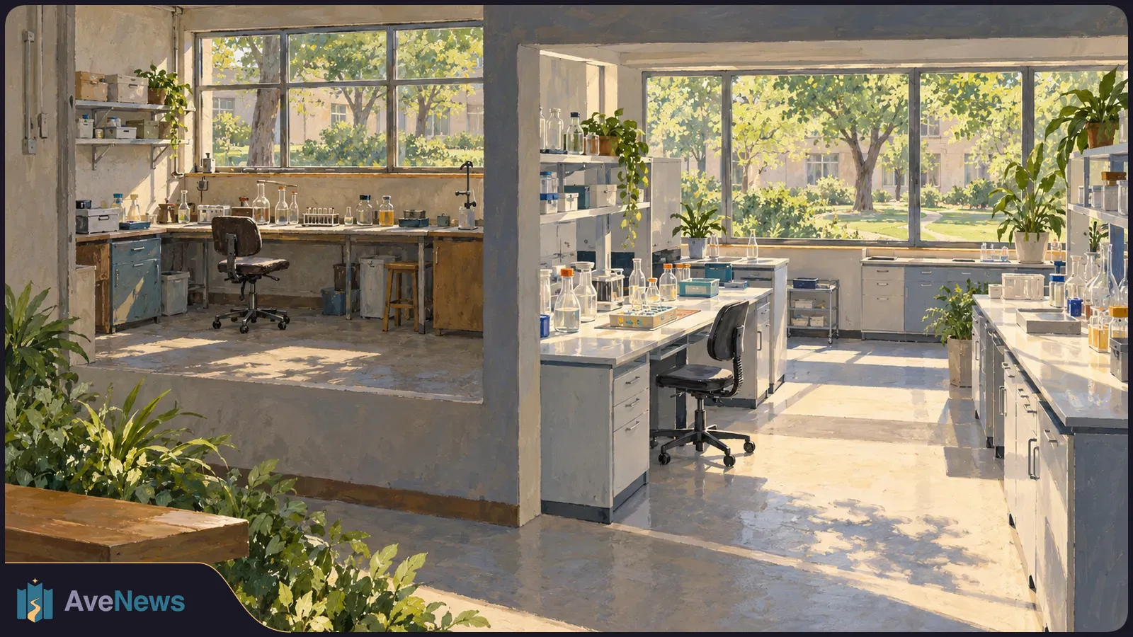 Sunlit illustration of two adjoining, empty laboratories with workbenches, glassware, stools and plants by large windows. SI illustration