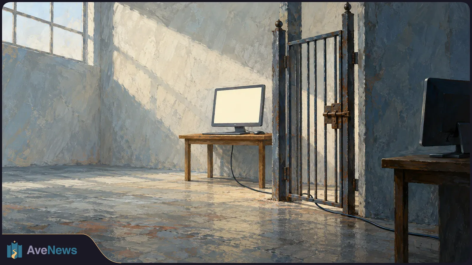 Painterly room with two computers on wooden tables, separated by a barred gate. A cable runs beneath the gate; one screen is blank and the other is dark. SI illustration