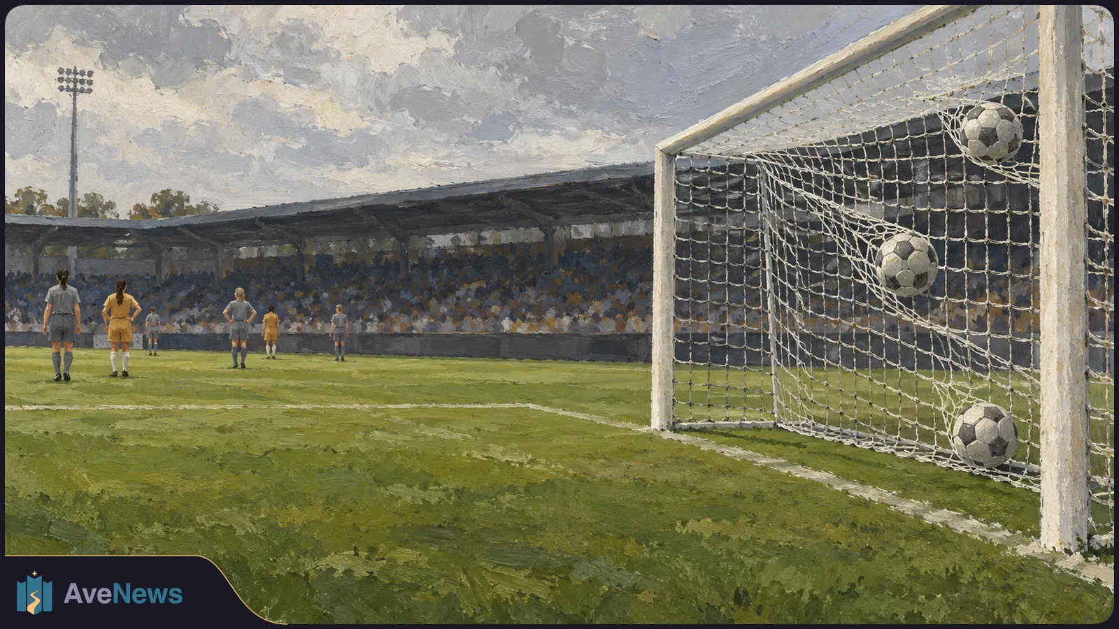 Painted soccer scene with three balls caught in a goal net, anonymous players on the field and spectators in the stands. SI illustration