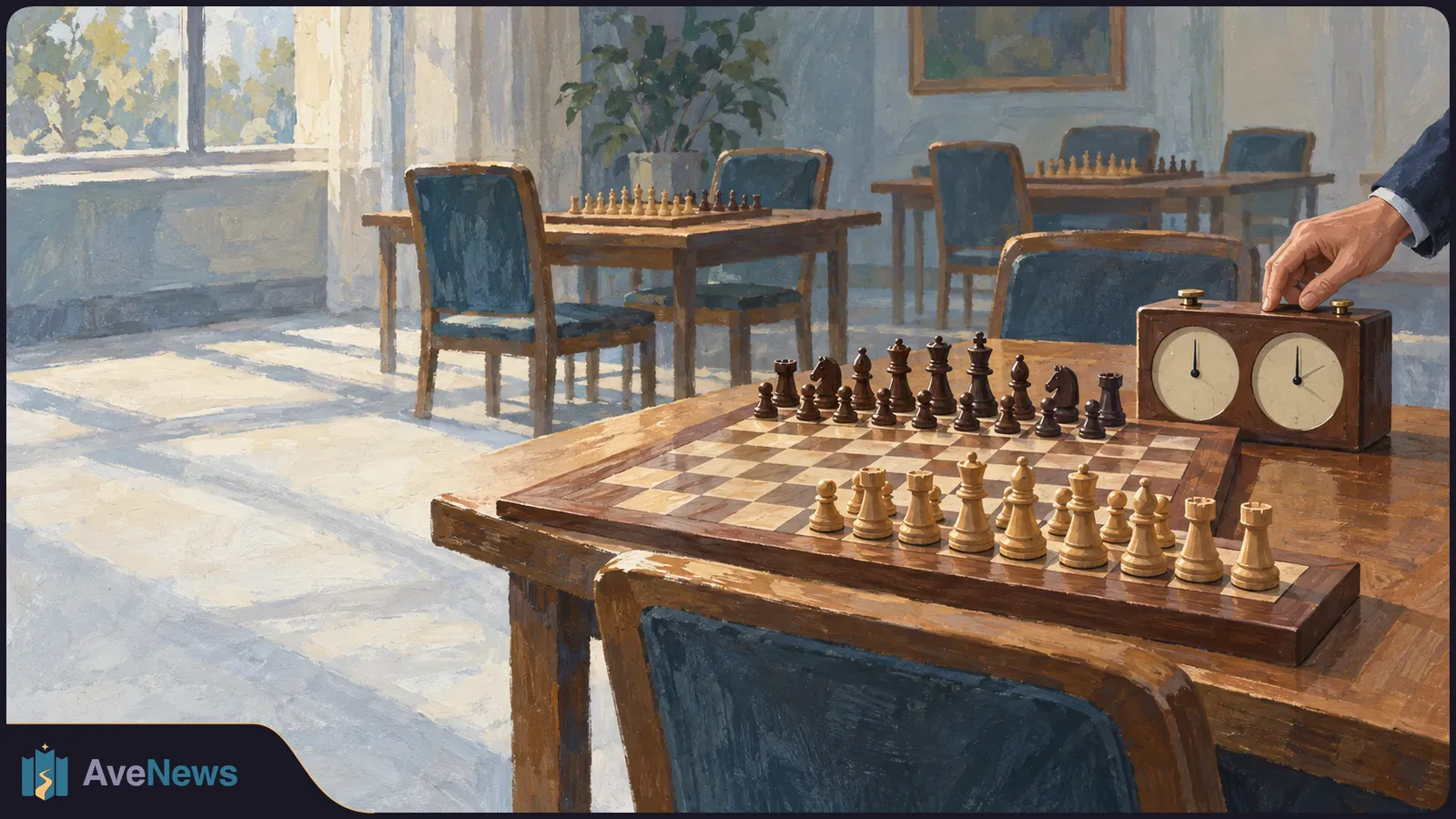 A painted, sunlit room with several chess tables. In the foreground, a hand reaches toward a two-dial chess clock beside a board set with pieces. SI illustration