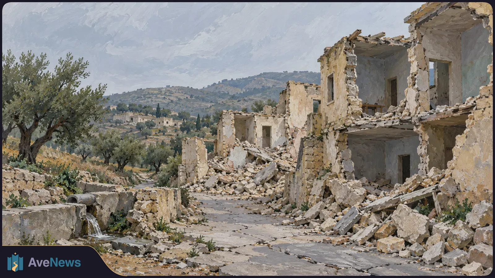 Painterly view of a stone lane beside collapsed buildings and piles of rubble, with olive trees and hills beneath a cloudy sky. SI illustration