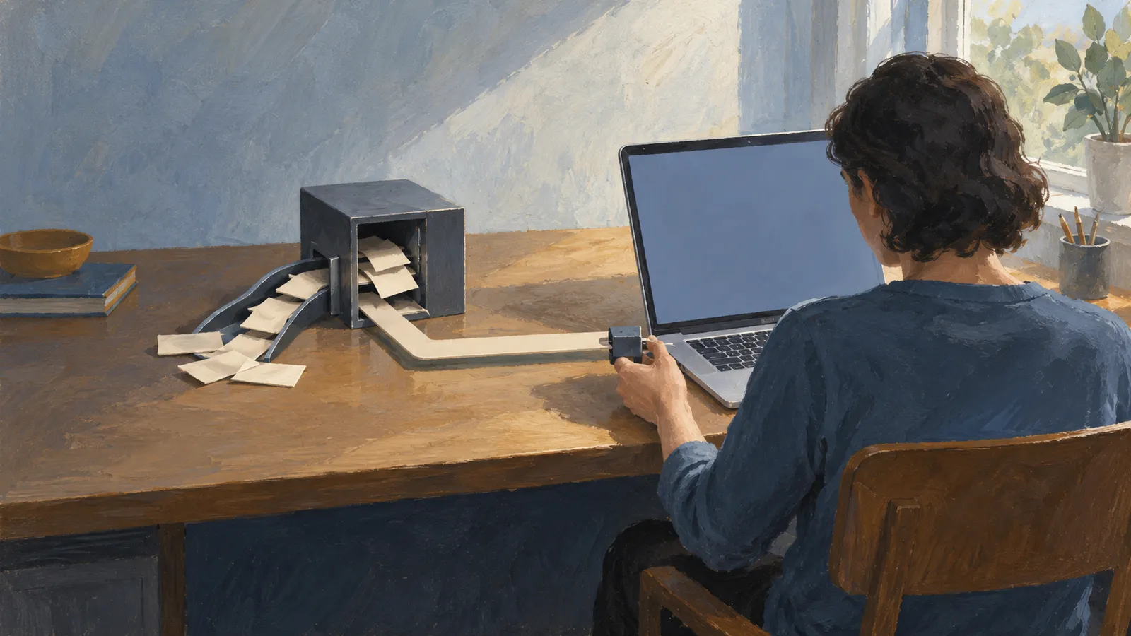 A painted scene of a person at a laptop, holding a small block beside a paper strip that leads to a dark box, with loose sheets spilling onto the desk. SI illustration