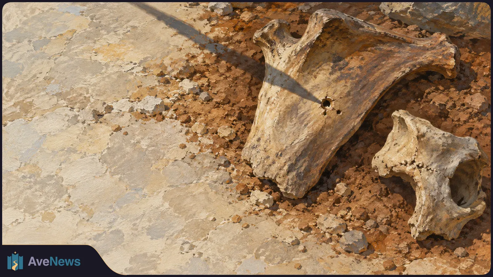 Painterly close-up of two weathered bones on reddish, rocky soil beside pale stone. The larger, flat bone has two small holes. SI illustration