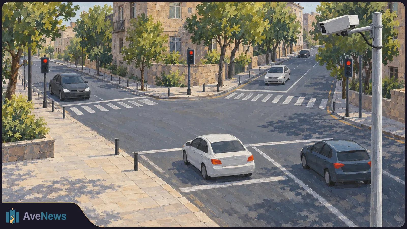 Painted view of a tree-lined city intersection with a camera on a pole, red traffic lights, crosswalks and several cars. SI illustration