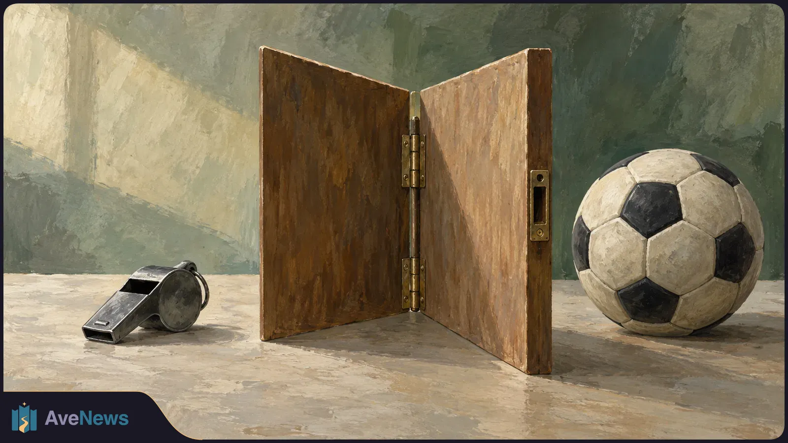 Painterly still life of a metal whistle, two upright hinged wooden panels, and a soccer ball on a stone floor against a green wall. SI illustration