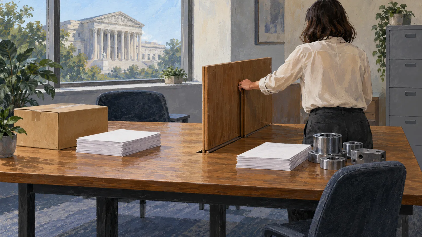 A painted office scene shows a person holding a wooden divider beside a table with paper stacks, a box and metal parts. A columned building is visible through the window. SI illustration