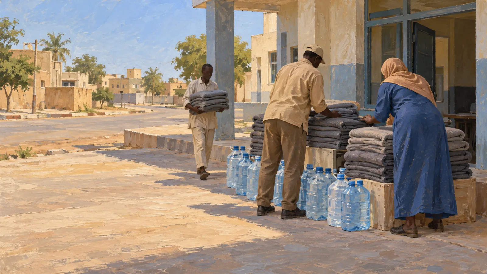 Illustration of three people carrying and stacking folded blankets outside a building, with large water bottles lined up nearby. SI illustration