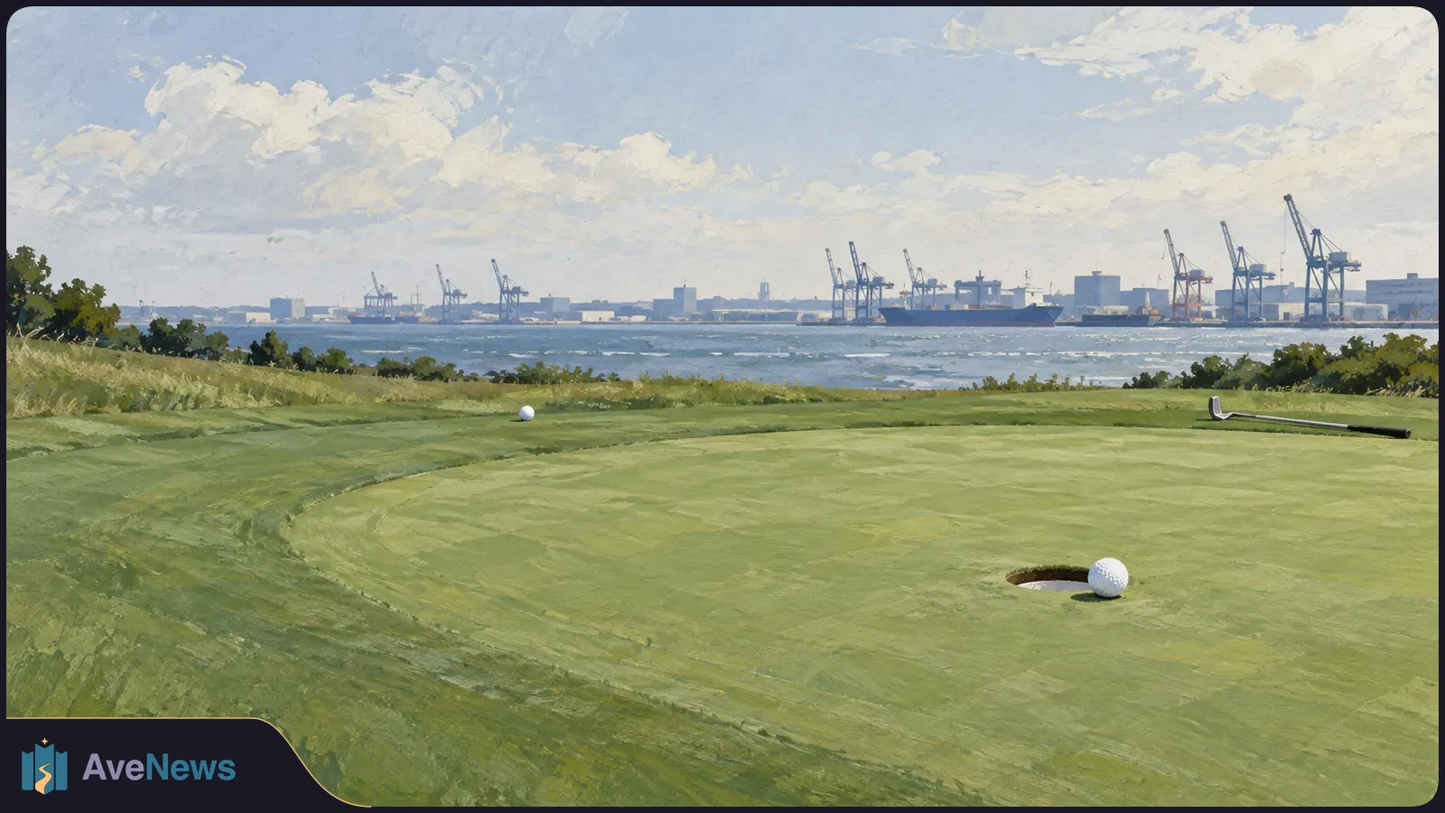 Painted golf green with a ball beside the hole, another farther away and a putter on the grass; water, a cargo ship and port cranes fill the background. SI illustration