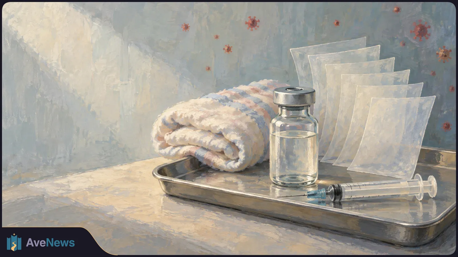 Painted medical tray with a clear vial, syringe and folded cloth. Translucent sheets stand behind them, and red virus-like shapes dot the wall. SI illustration