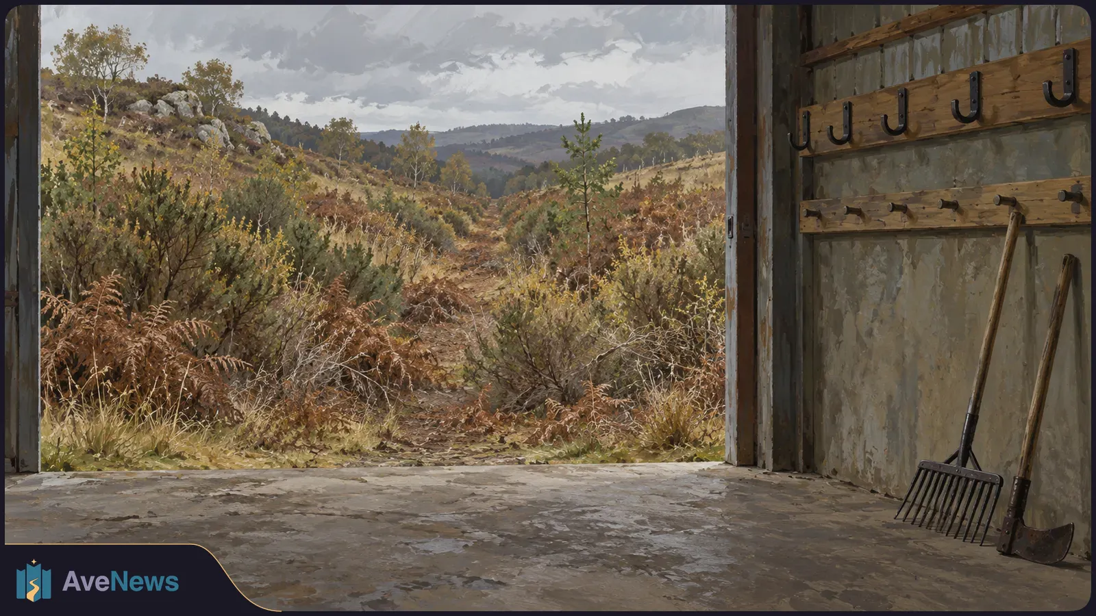 A rake and shovel lean against a shed wall beside an open doorway overlooking dry scrub and distant hills. SI illustration