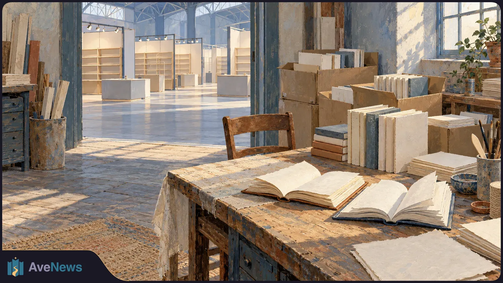 A painted scene of open books and paper on a worn wooden table, with empty exhibition booths and shelves in a sunlit hall behind it. SI illustration