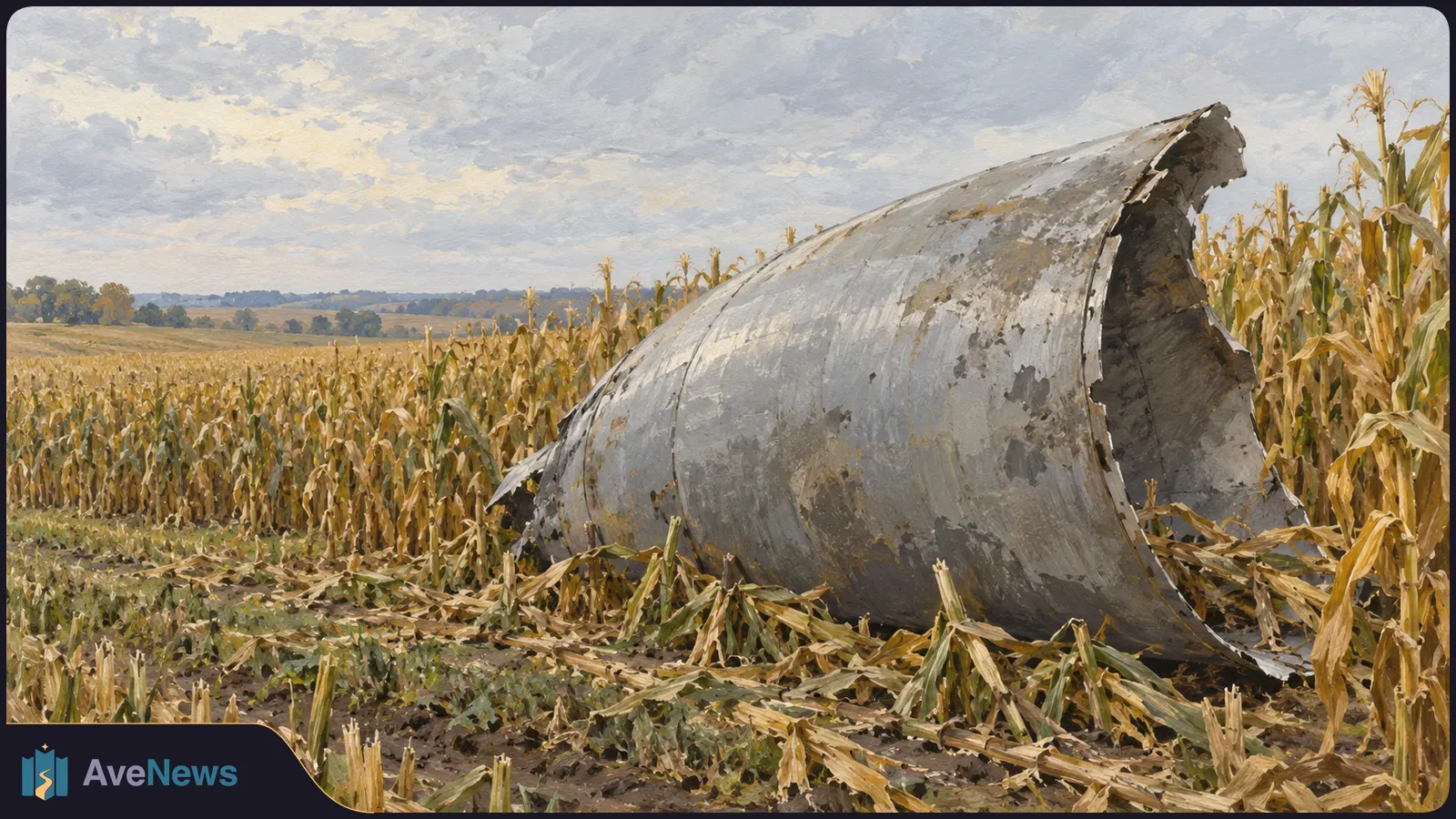A large curved metal object lies among broken corn stalks in a field beneath a cloudy sky. SI illustration