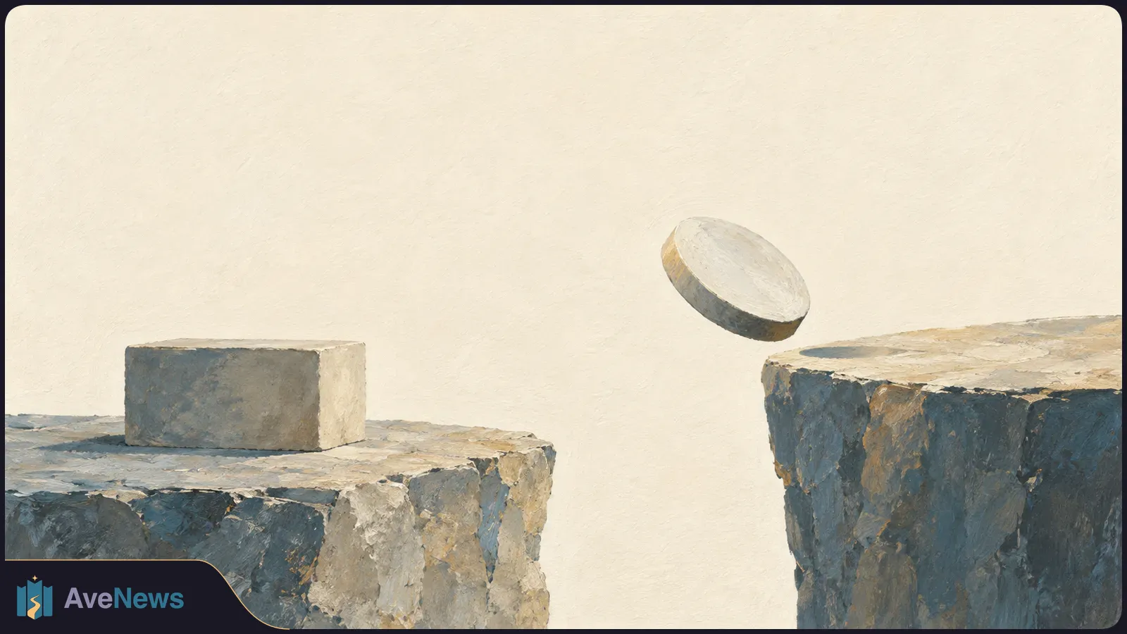 A painted round stone disc hovers above the gap between two rough stone platforms; a rectangular block rests on the left platform. SI illustration