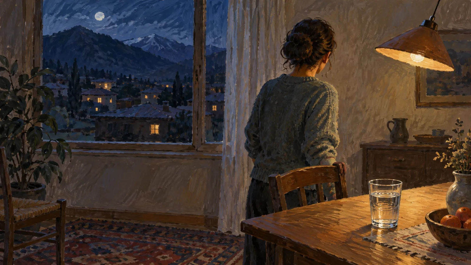 Painting of a woman standing beside a table with a glass of water, in a warmly lit room overlooking a village and mountains under a moonlit sky. SI illustration