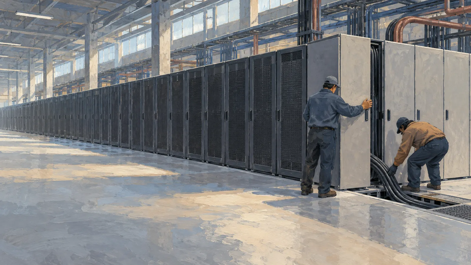 Illustration of two workers beside rows of server cabinets in a large industrial hall, with thick cables running into a floor opening. SI illustration