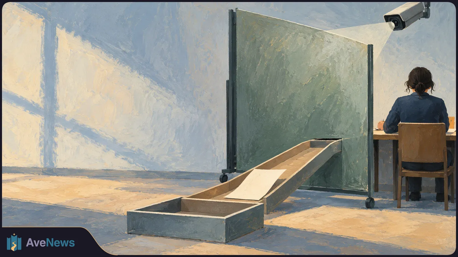 Painted scene of a camera aimed toward a person seated at a desk behind a tall partition. A sheet of paper lies on a sloped tray in the foreground. SI illustration
