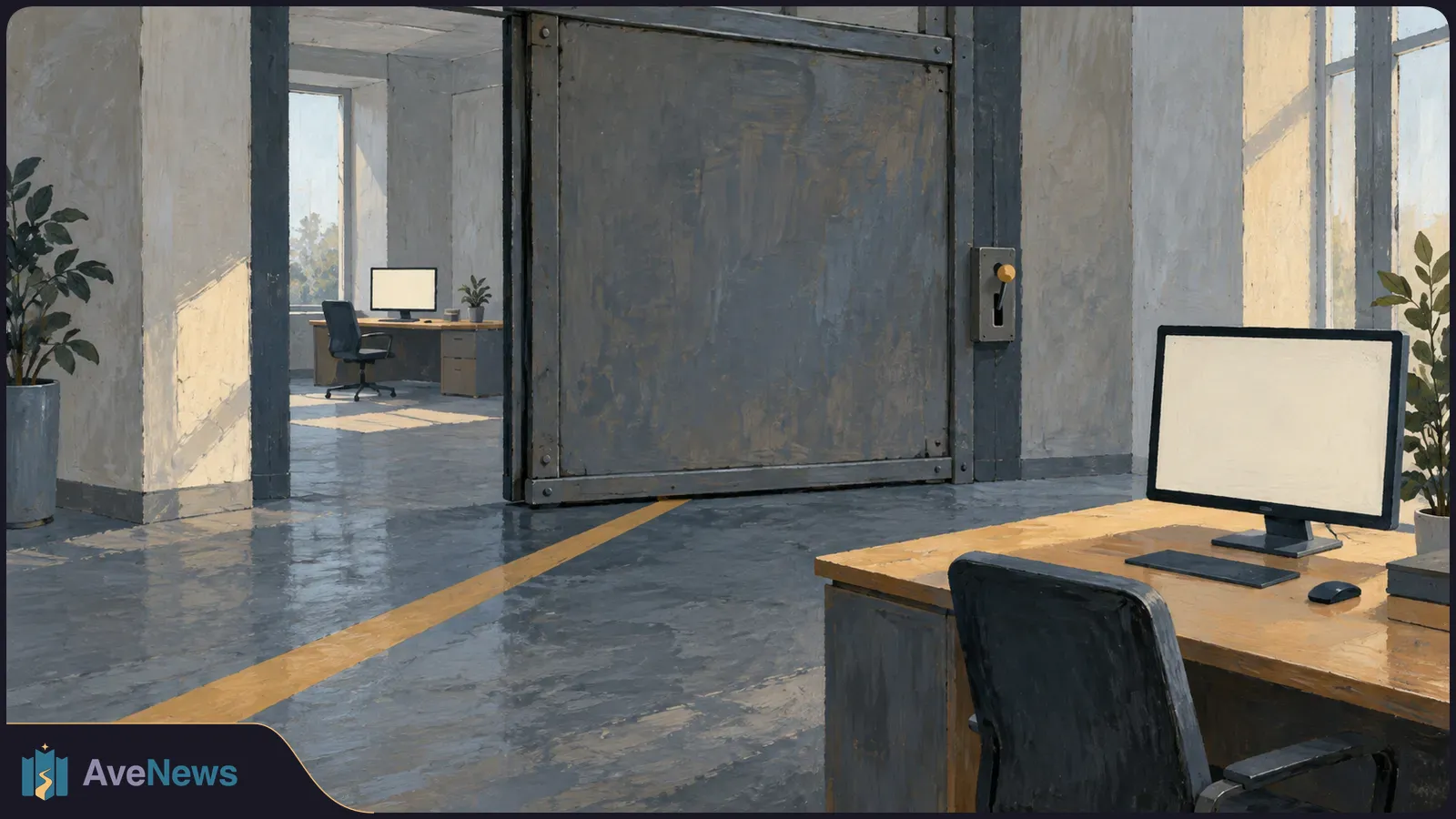 Painted office interior with a large gray metal door partly blocking a doorway. Desks with blank monitors, chairs and potted plants stand on either side. SI illustration