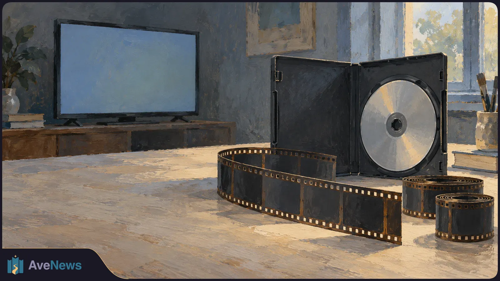 Painted room with an open disc case, a silver disc and curling film strips on a table; a blank television stands behind them. SI illustration