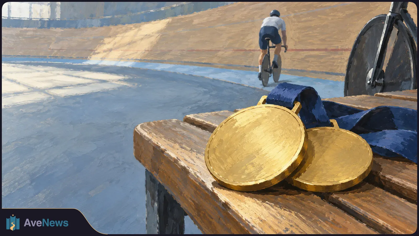 Painted scene of a cyclist riding around an indoor velodrome, with two gold-colored medals and dark ribbons on a wooden bench beside a bicycle wheel. SI illustration