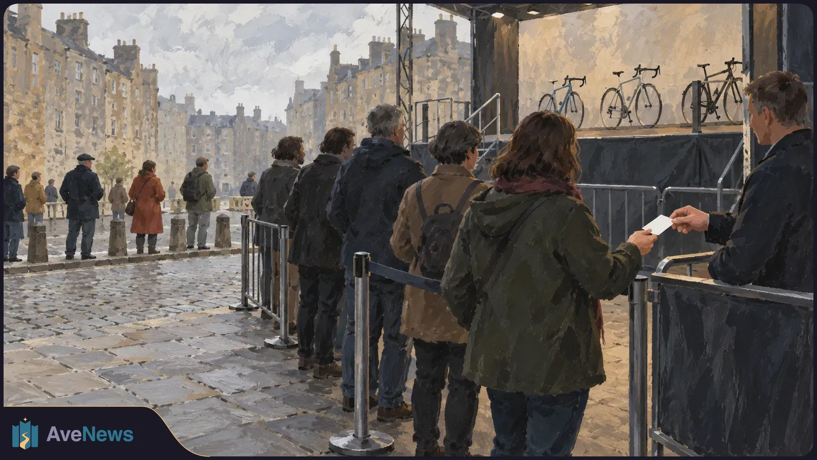 Painted scene of people queuing beside a cobbled street as a ticket is handed over at an entrance. Three bicycles stand on a stage. SI illustration