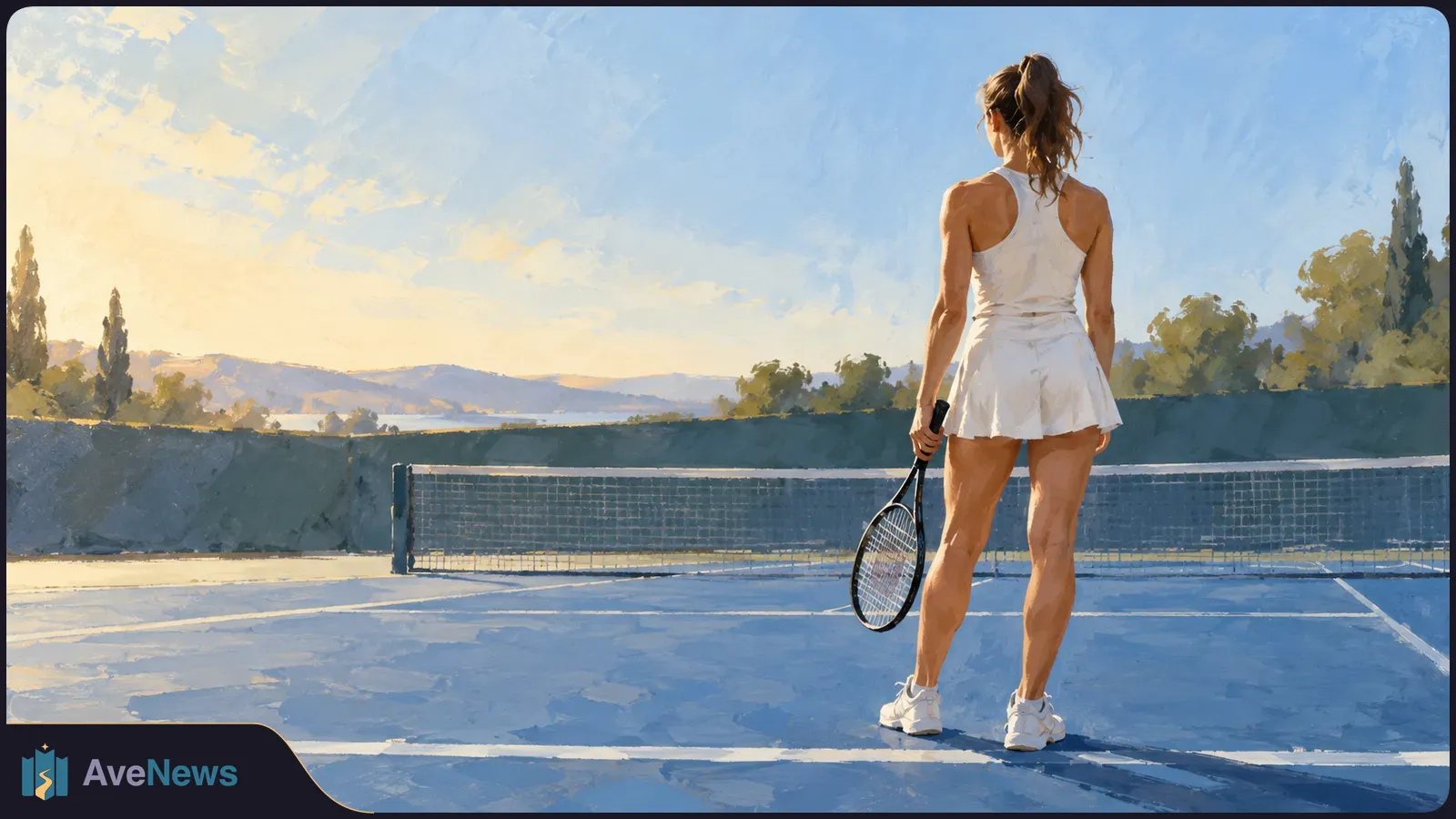 Painterly illustration of a woman seen from behind holding a racket on a blue tennis court, facing the net beneath a bright sky. SI illustration