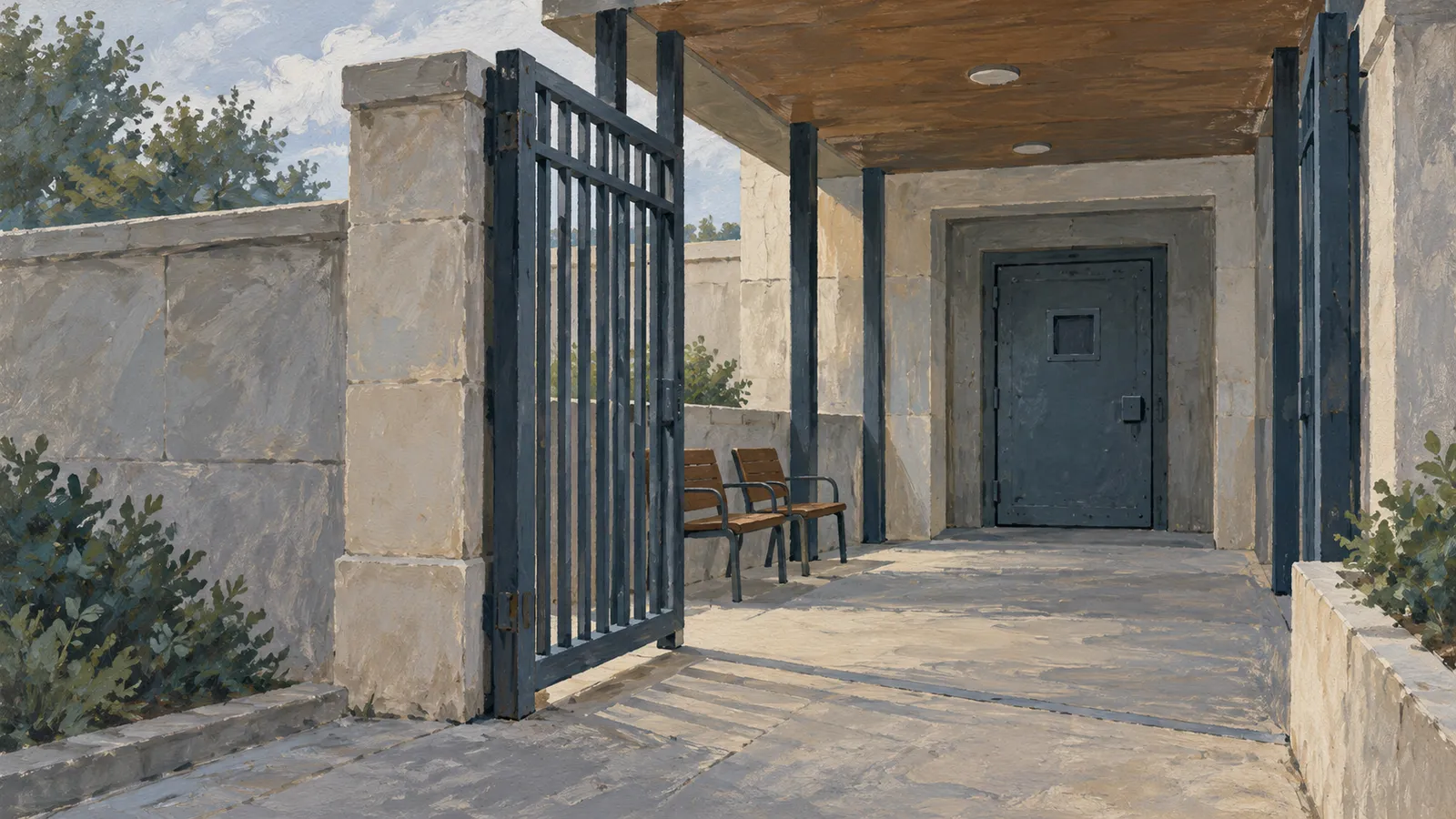 A painted stone entrance with an open metal gate, two chairs and a closed dark door beneath a wooden canopy. SI illustration