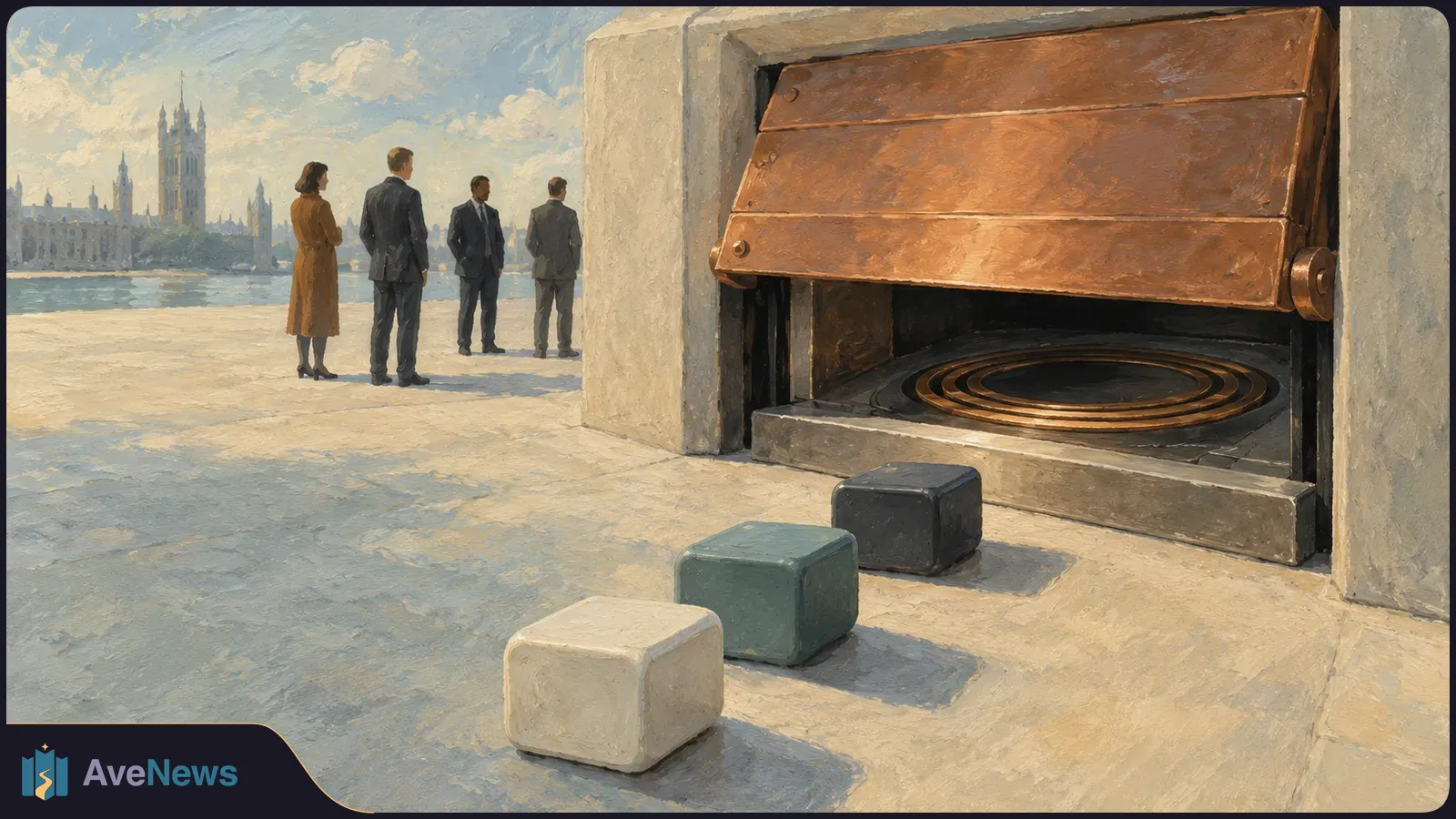 Painted scene of four people beside a river, with a Gothic building in the distance. In the foreground, three cubes lead to a circular mechanism beneath a raised copper panel. SI illustration