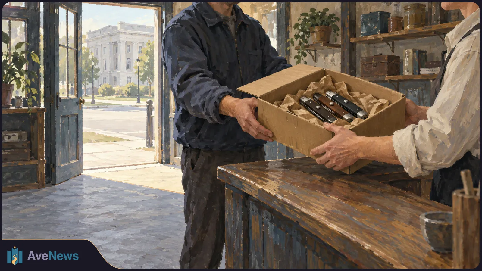Painterly illustration of two people holding a cardboard box of folding knives across a wooden counter, with an open doorway and a large building outside. SI illustration