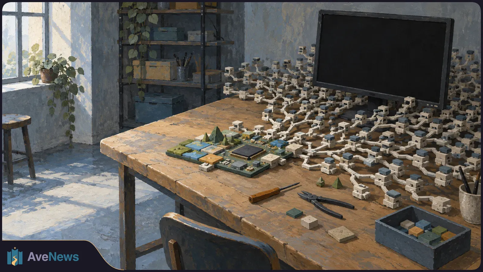 Painted workshop scene with a circuit board on a wooden table, branching clusters of small blocks, tools, and a blank monitor. SI illustration