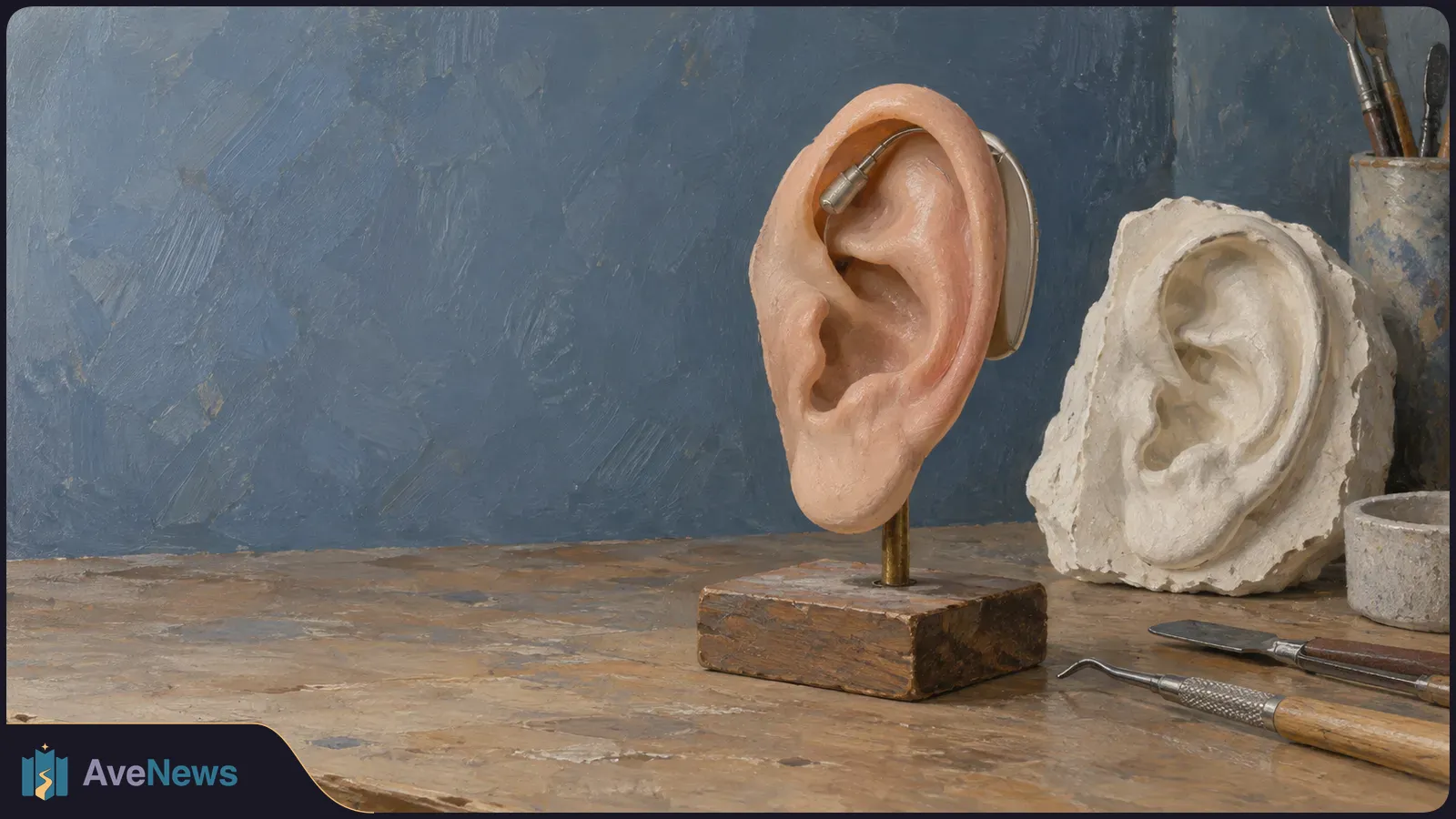 Painted still life of an artificial ear fitted with a hearing aid on a wooden stand, beside a plaster ear mould and sculpting tools. SI illustration