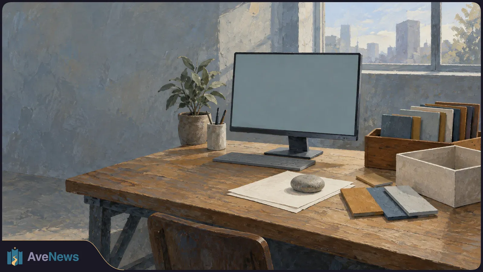 Painted workspace with a blank computer monitor, keyboard, papers, plant and folders on a wooden desk beside a window overlooking a city. SI illustration