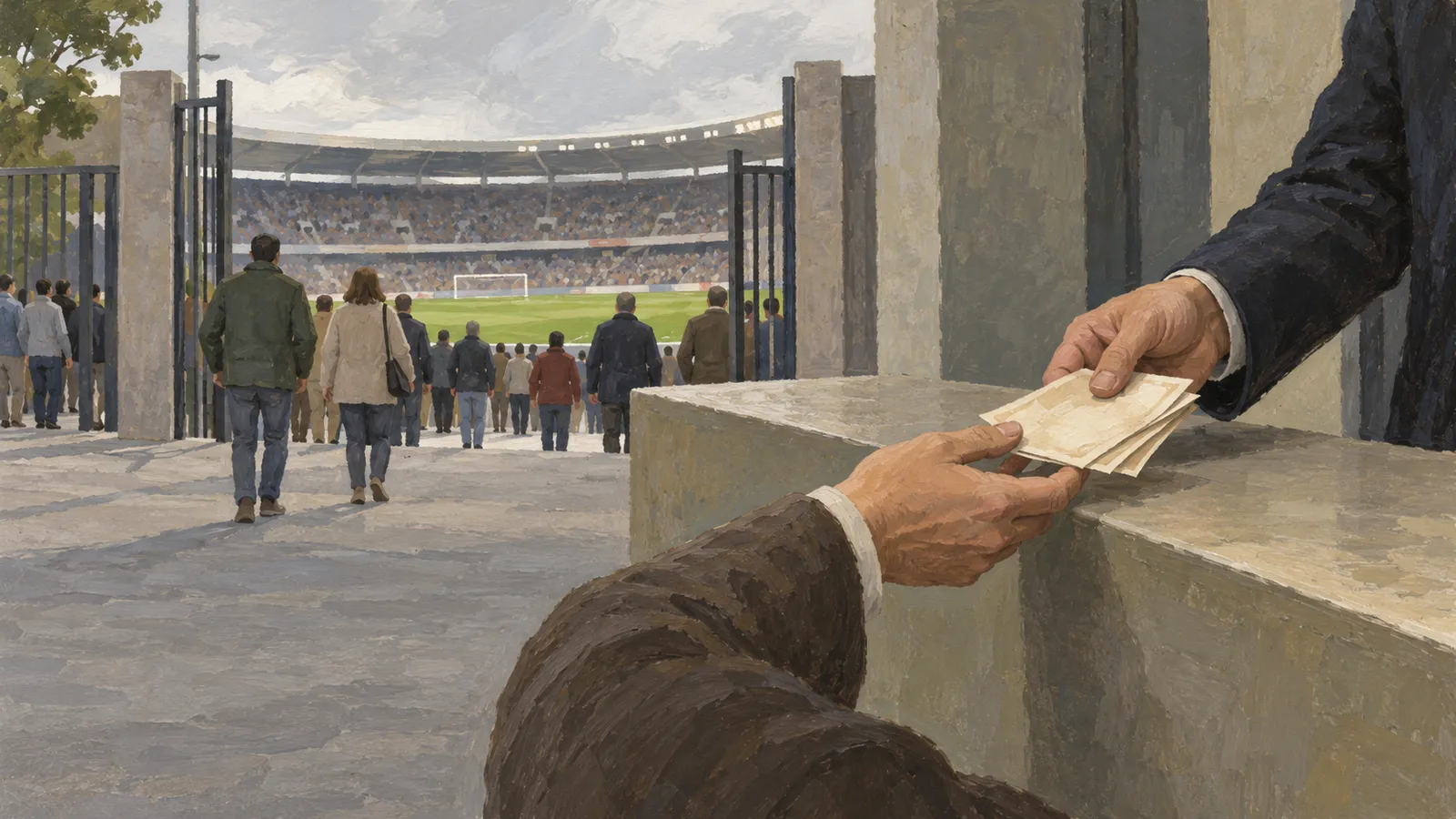Illustration of hands passing paper slips across a counter as people walk through gates toward a football stadium. SI illustration
