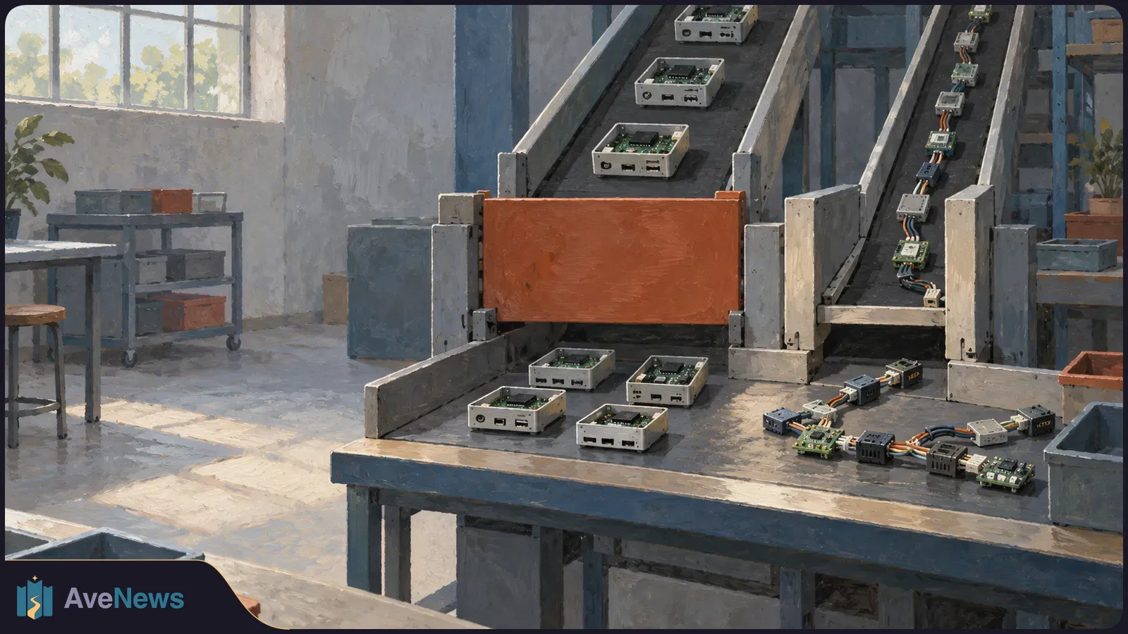 Painted workshop with circuit boards on two conveyor belts. An orange barrier blocks one belt, while connected electronic parts continue along the other. SI illustration