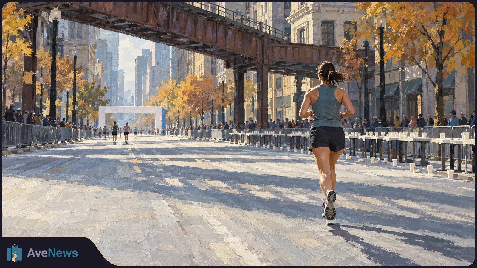 A runner seen from behind on a broad city street beneath elevated tracks, with other runners ahead, spectators behind barriers and autumn trees. SI illustration