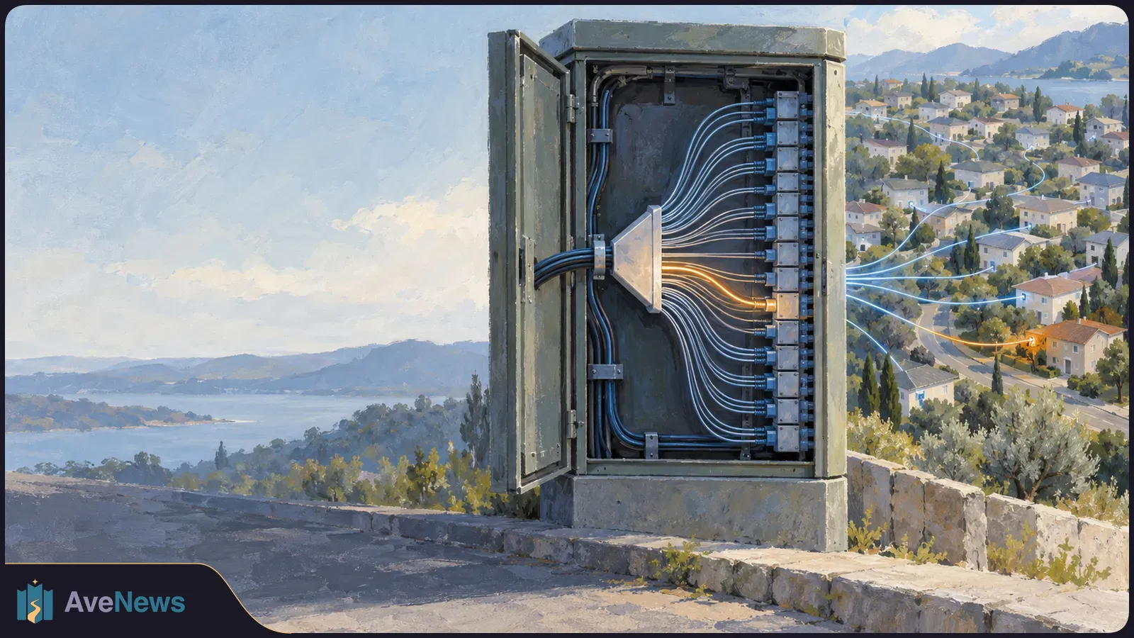 Painterly view of an open cable cabinet overlooking a neighborhood. Blue lines fan toward houses, while one line and house glow orange. SI illustration