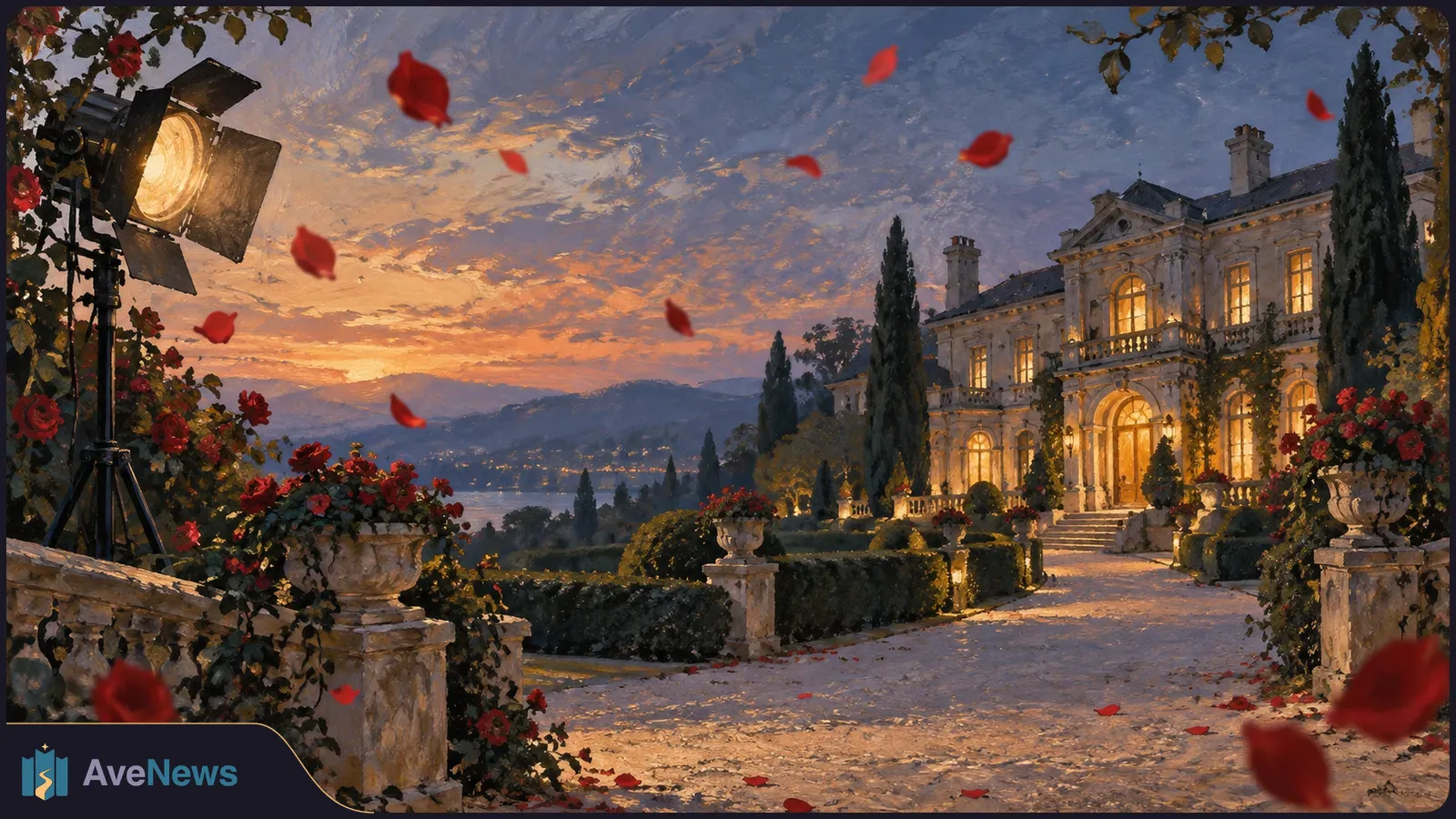 A studio spotlight stands beside roses as red petals drift over a path leading to a warmly lit mansion at dusk. SI illustration