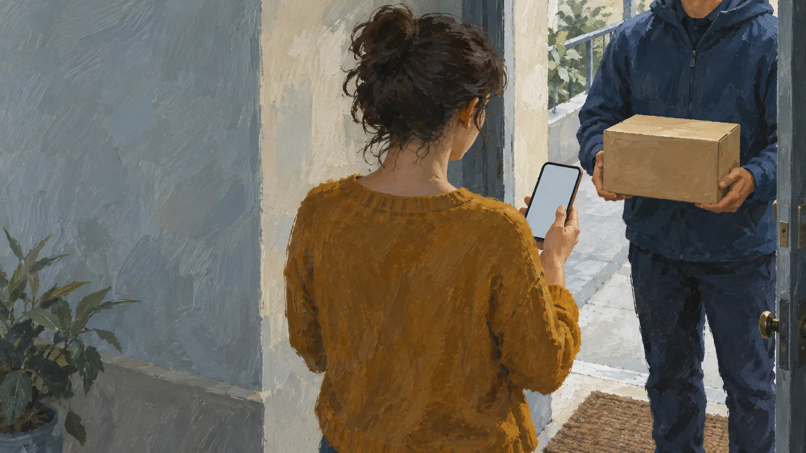 Illustration of a woman holding a phone at an open door, facing a person in a blue jacket holding a cardboard box. SI illustration