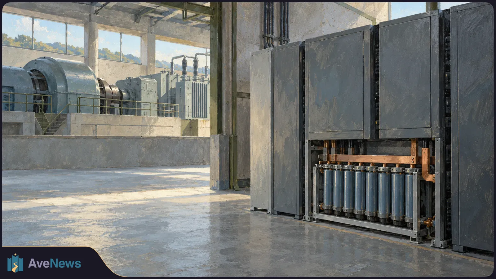 Painted industrial room with a large turbine-like machine on the left and electrical cabinets on the right, one open to reveal rows of cylindrical cells. SI illustration
