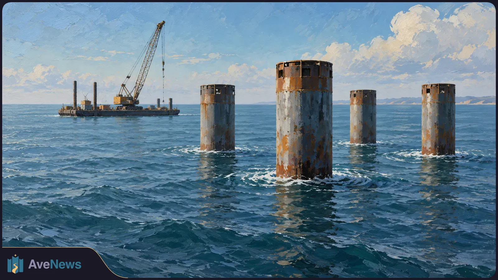 Painted seascape with four large metal piles rising from choppy water and a crane barge in the distance beneath a cloudy sky. SI illustration