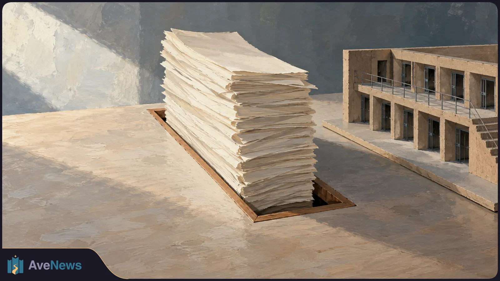A painted scene shows a tall stack of blank papers rising from a floor opening beside a two-story building with barred doorways and an exterior walkway. SI illustration