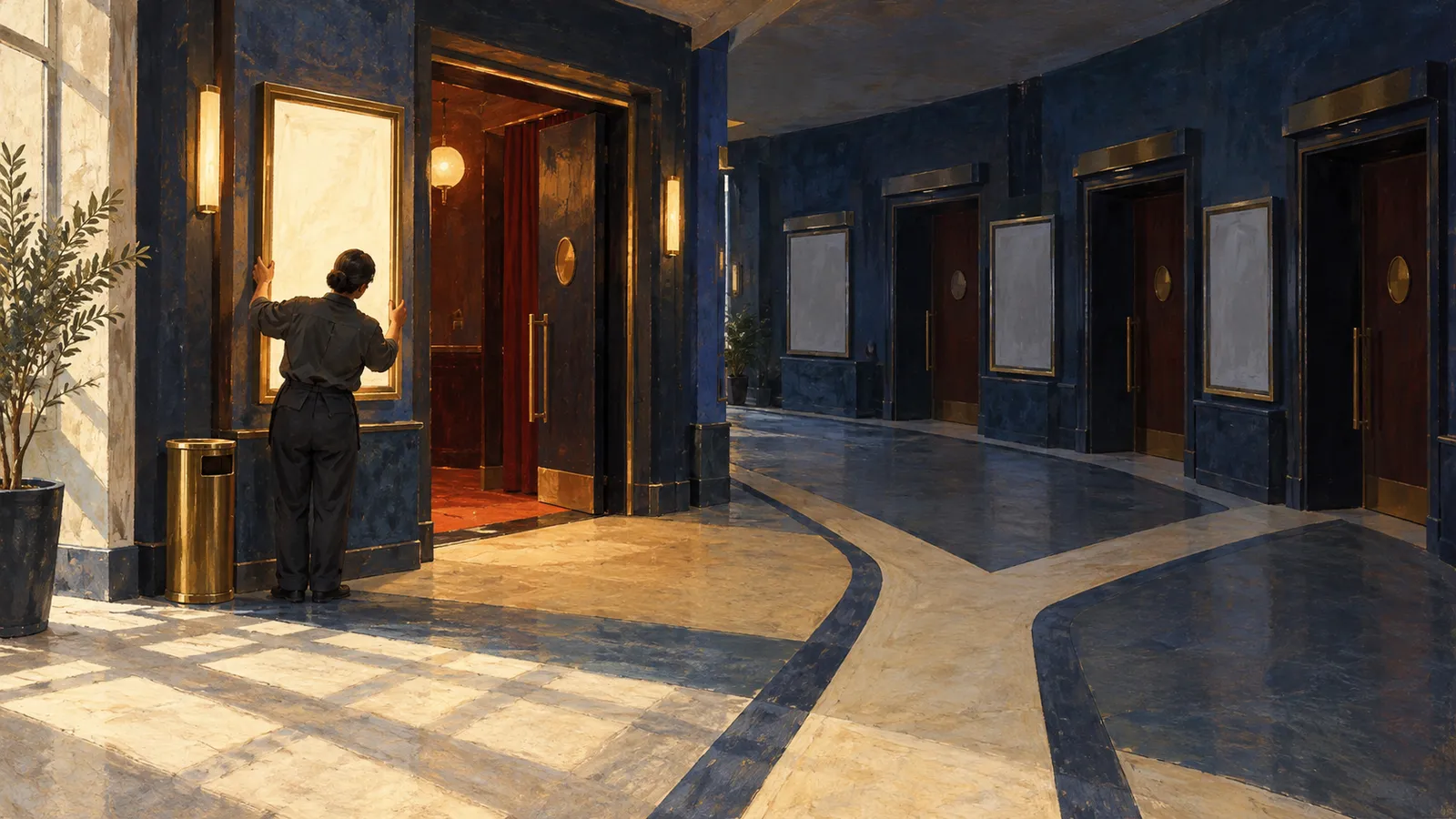 A person in dark clothing faces a blank illuminated frame in a blue-and-gold hallway lined with doors and empty frames. SI illustration