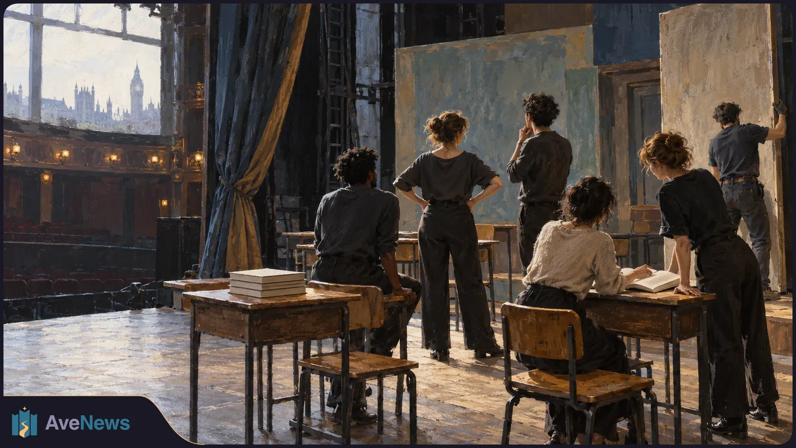 Painterly scene of six people on a theatre stage among desks, chairs and tall set panels; one reads an open book. A clock tower is visible through a large window. SI illustration